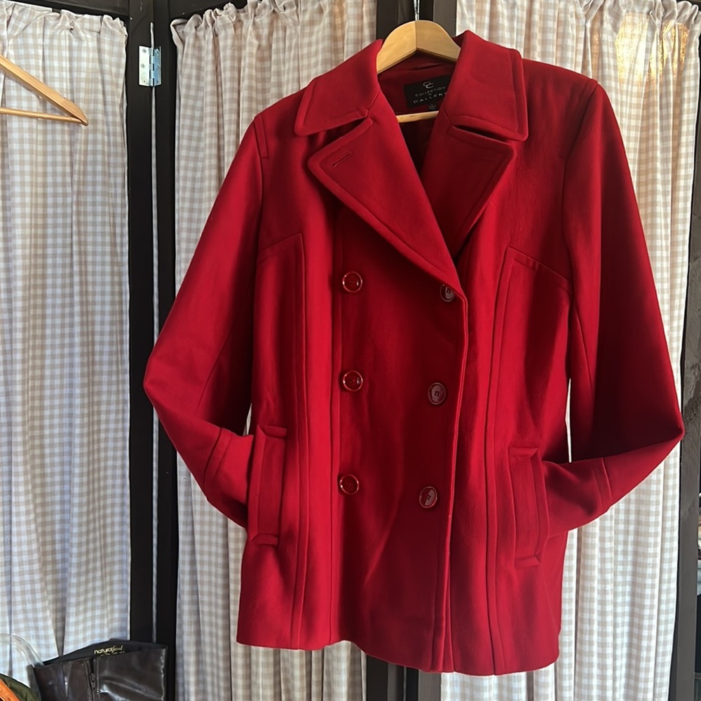 🎄COLLECTION BY GALLERY Cherry Red Double Breasted Wool Pea Coat LARGE~Like New